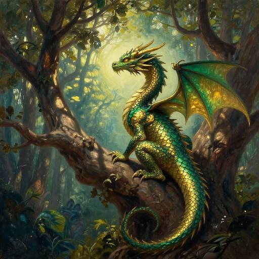 Digital fantasy artwork of a green and gold dragon with large wings perched on a tree branch in a sunlit, dense forest.