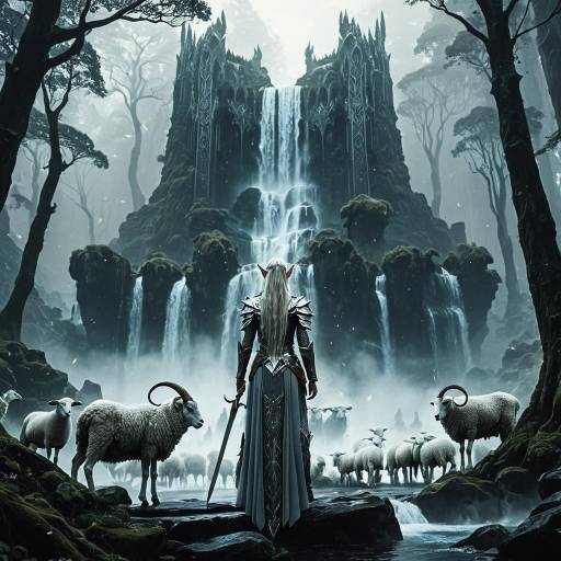 Elven Queen in Mystical Waterfall Forest