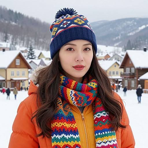 Asian woman in orange coat and colorful knit hat and scarf, standing in snowy village with wooden houses in background. Photograph.