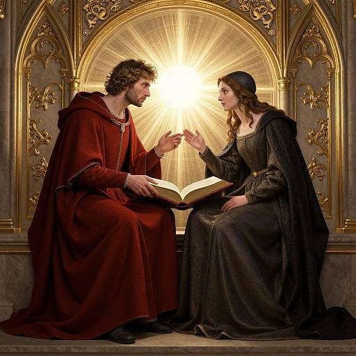 Photograph of a medieval-style scene with a bearded man in a red robe and a woman in a black dress, both holding an open book,