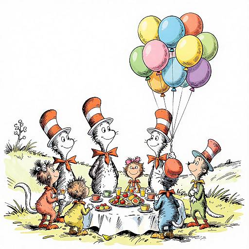 Colorful illustration of six Dr. Seuss characters, including the Cat in the Hat, holding a cluster of balloons, sitting around a picnic table on