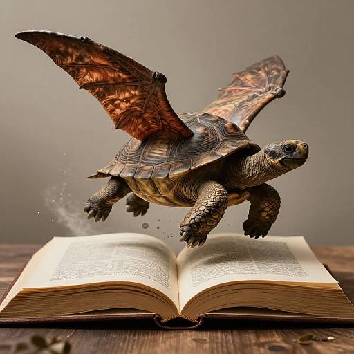 Photograph of a realistic, detailed turtle with outstretched wings hovering above an open book, with water droplets mid-air.