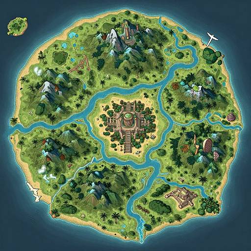 Digital map of a lush, island village with winding rivers, mountains, trees, buildings, and a central town, surrounded by blue ocean.