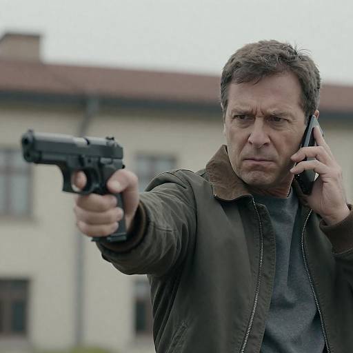 Intense Man with Handgun in Urban Setting