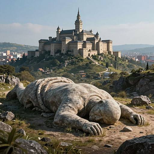 Photorealistic CGI: A massive, stone statue of a fallen, muscular figure lies in the foreground, with a grand, medieval castle atop a hill