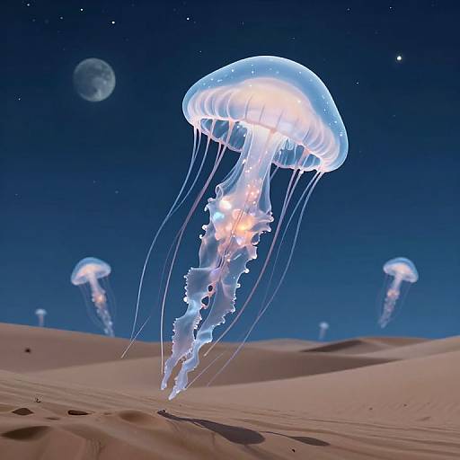 Photograph of glowing jellyfish with translucent, umbrella-like tops and trailing tentacles, floating above a desert landscape under a starry night sky with a
