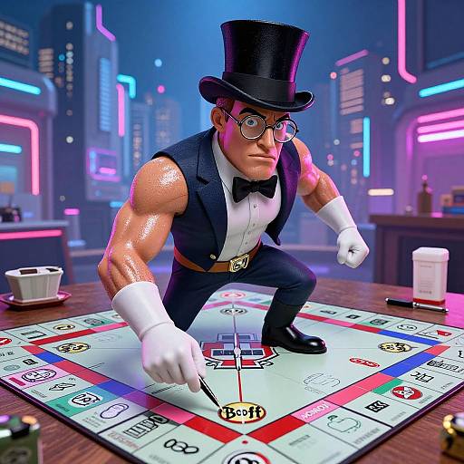 CGI image of a muscular man in a top hat, bow tie, and glasses, crouching over a colorful roulette table in a neon-l