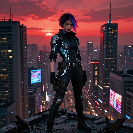 Digital artwork of a punk-style woman with purple hair, neon-lit black armor, standing on a rooftop at sunset in a neon-lit cityscape