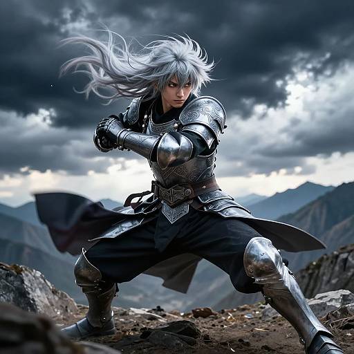 Silver-Haired Anime Warrior on Mountainside