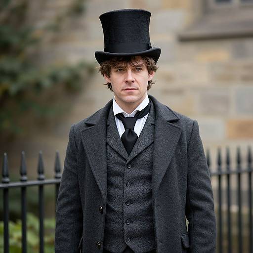 Photograph of a young Caucasian man with wavy brown hair, wearing a black top hat, dark grey three-piece suit, white shirt, black tie