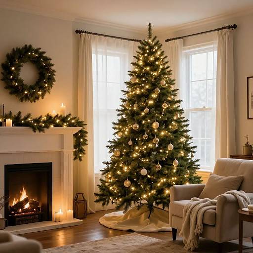 Cozy living room photograph featuring a lit Christmas tree, white curtains, fireplace with wreaths, and warm candlelight. Soft beige armchair with blanket