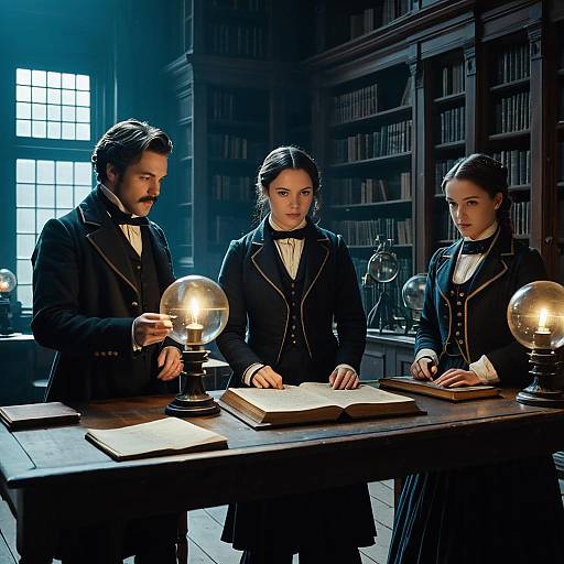 Victorian Era Students Practicing Magic in Library