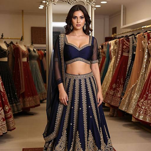 Photograph of a dark-haired woman in a black, gold-embellished traditional Indian outfit, standing in a brightly lit clothing store with colorful,