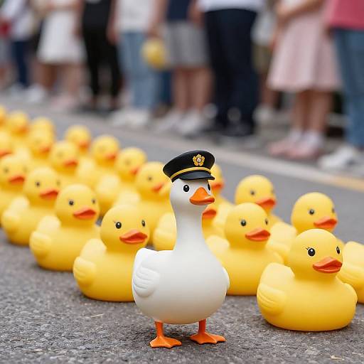 Photograph of a white rubber duck with a black police hat standing among yellow rubber ducks on a street, with blurred people in the background.