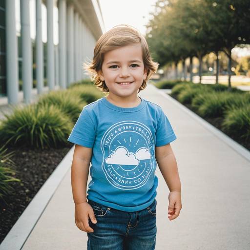 Smiling toddler boy in blue graphic tee outdoors