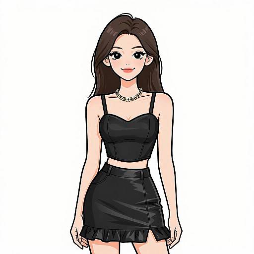 Digital anime-style drawing of a smiling young woman with long brown hair, wearing a black crop top and skirt, necklace, white background.