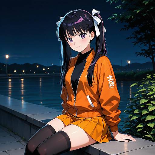 Anime-style drawing of a girl with black hair and white ribbons, wearing an orange jacket, black turtleneck, and thigh-high socks, sitting