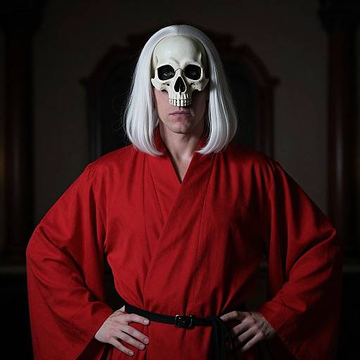 Photograph of a man in a red kimono, white wig, and skull mask, standing against a dark, shadowy background. Hands on hips