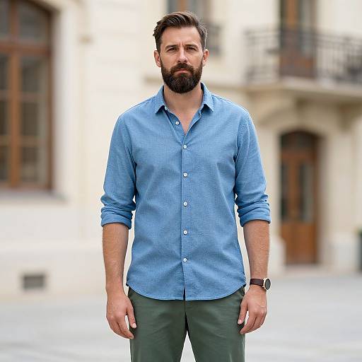 Photograph of a bearded man with dark hair, wearing a blue button-up shirt and green pants, standing in a blurred urban courtyard.