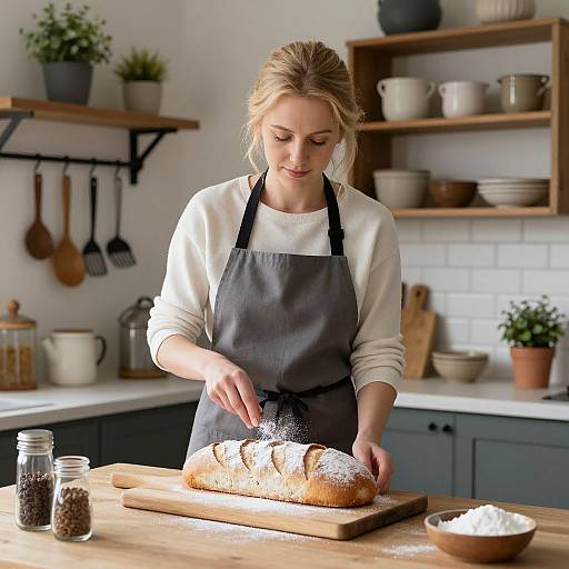 Blonde woman in white sweater and black apron dusts freshly baked loaf on wooden kitchen counter, surrounded by potted plants and utensils. Photograph