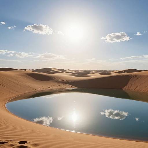 Photograph of a sunlit desert with smooth, rippled sand dunes and a reflective, circular oasis pool mirroring the bright sky and scattered clouds