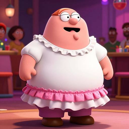 3D CGI image of a chubby, bald man with glasses, wearing a white frilled blouse and pink ruffled skirt, standing in a dimly