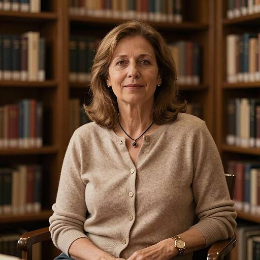 Photograph of a middle-aged woman with light brown hair, wearing a beige cardigan and necklace, seated in a library with wooden bookshelves in