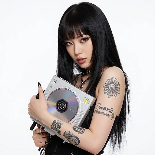 Photograph of a tattooed, long-black-haired woman with pale skin, holding a CD player, against a white background, wearing a sleeveless black