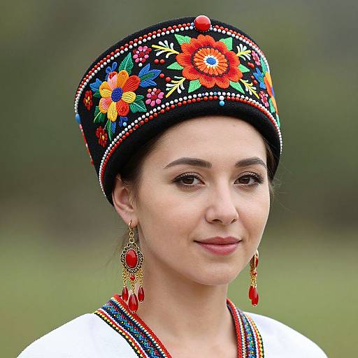 Photograph of a fair-skinned woman with dark hair, wearing a colorful embroidered black hat, white traditional dress, and red dangling earrings, smiling against