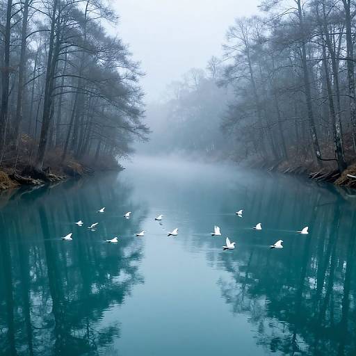 Misty forest lake photograph with bare trees, calm blue water, and white birds flying in a serene, foggy atmosphere.