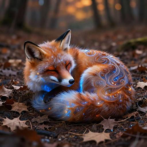 Digital painting of a sleeping, glowing red fox with blue and orange swirls on its tail, surrounded by fallen leaves in a forest.