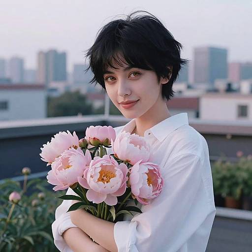 Cinematic Urban Portrait with Peonies
