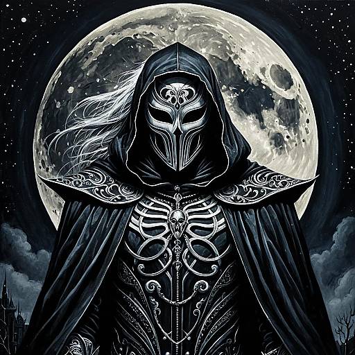 Mysterious Masked Figure with Full Moon