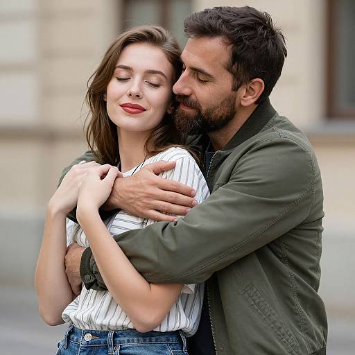 Photograph of a bearded man in a green jacket hugging a smiling woman with brown hair, red lipstick, and striped shirt.