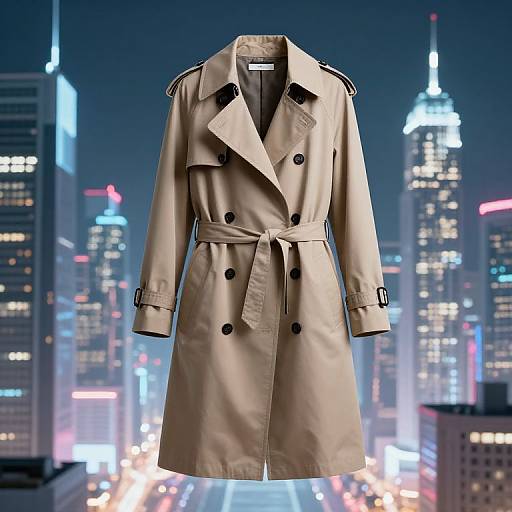 Photograph of a beige trench coat with black buttons and belt, displayed against a night cityscape backdrop with illuminated skyscrapers.