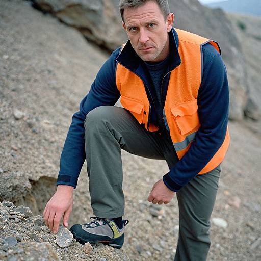 Photograph of a focused middle-aged man in an orange safety vest and gray pants, crouching on rocky terrain, examining a coin with one hand