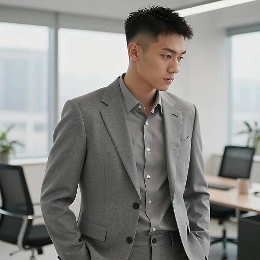 Photograph of an Asian man with short, spiky black hair wearing a gray suit and shirt, standing in a modern, bright office with large windows