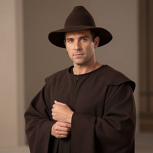 Photograph of a white man with short brown hair, wearing a black hat and black medieval-style robe, standing against a blurred, neutral-colored background.