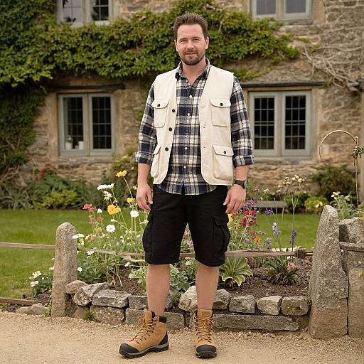 Photograph of a bearded man with short brown hair, wearing a white vest over a black-and-white plaid shirt, black shorts, and tan