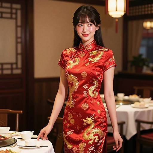 Photograph of an Asian woman in a red, gold-embroidered cheongsam, standing in a dimly-lit traditional restaurant, smiling