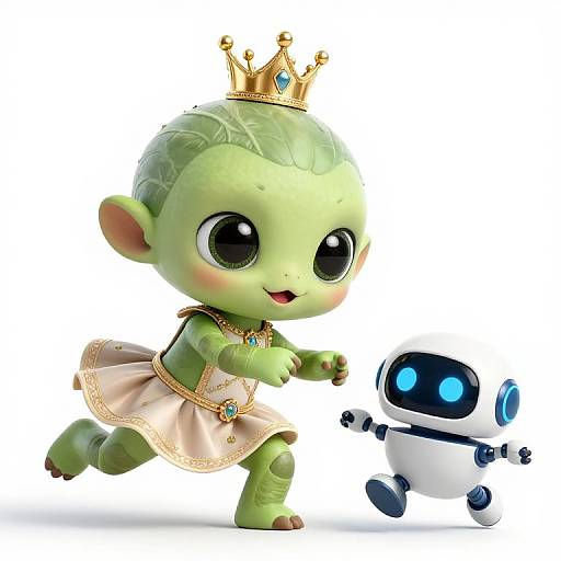 Cute digital illustration of a green goblin child in a golden crown and pink dress, running with a small blue-eyed robot.