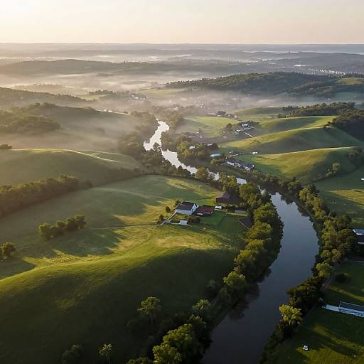 Aerial photograph of a misty, sunlit rural landscape with rolling green hills, a winding river, and scattered houses near the water.