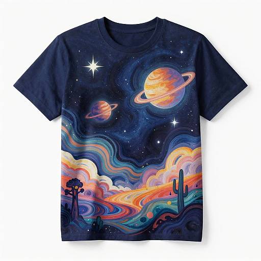 Vibrant, short-sleeved navy T-shirt with colorful, swirling space design featuring planets, stars, clouds, and cacti in neon