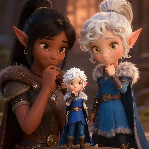 Digital CGI image of three fantasy elves with large eyes and pointed ears. Dark-skinned woman, white-haired man, and small white-haired child in blue