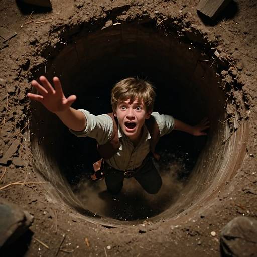 Photograph of a young boy with brown hair, white shirt, and brown pants, reaching out from a dark, dirt-filled tunnel.