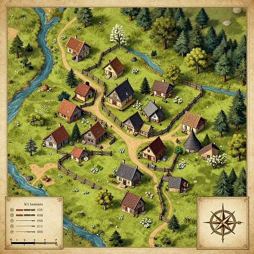 Aerial digital drawing of a quaint village with wooden houses, winding paths, a river, and trees, featuring a compass rose and scale key.