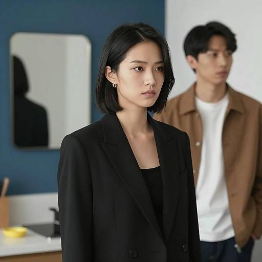 Serious Woman in Black Blazer with Man in Background