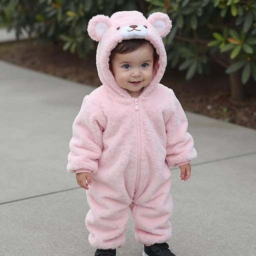 Toddler in Pink Bear Onesie Costume