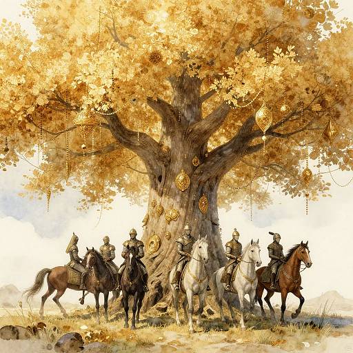 Digital art: Six armored knights on horses stand under a golden-leaved tree, adorned with hanging golden ornaments, in a sunlit meadow.