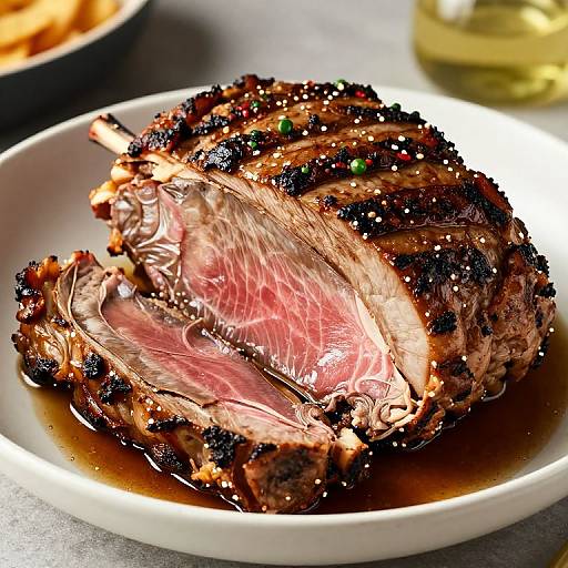 Photograph of a perfectly grilled, caramelized pork roast with juicy, pink center, sprinkled with peppercorns, on a white plate.